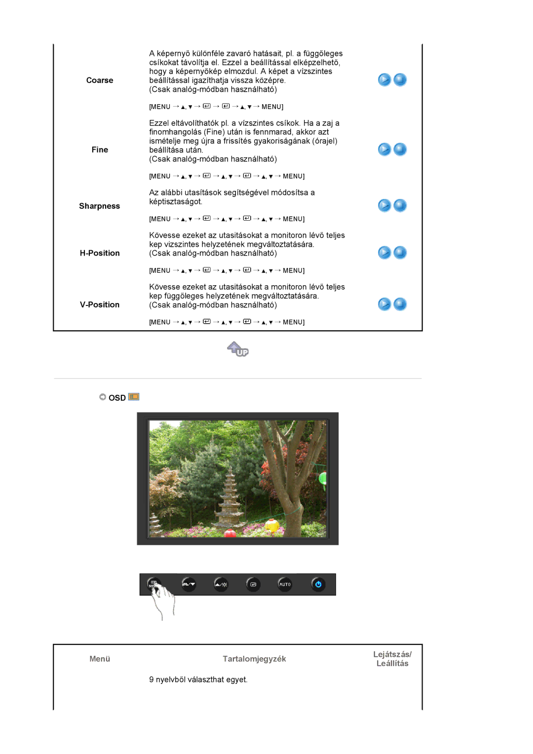 Samsung LS19HAKCSQ/EDC manual Coarse Fine Sharpness Position, Osd, Nyelvből választhat egyet 