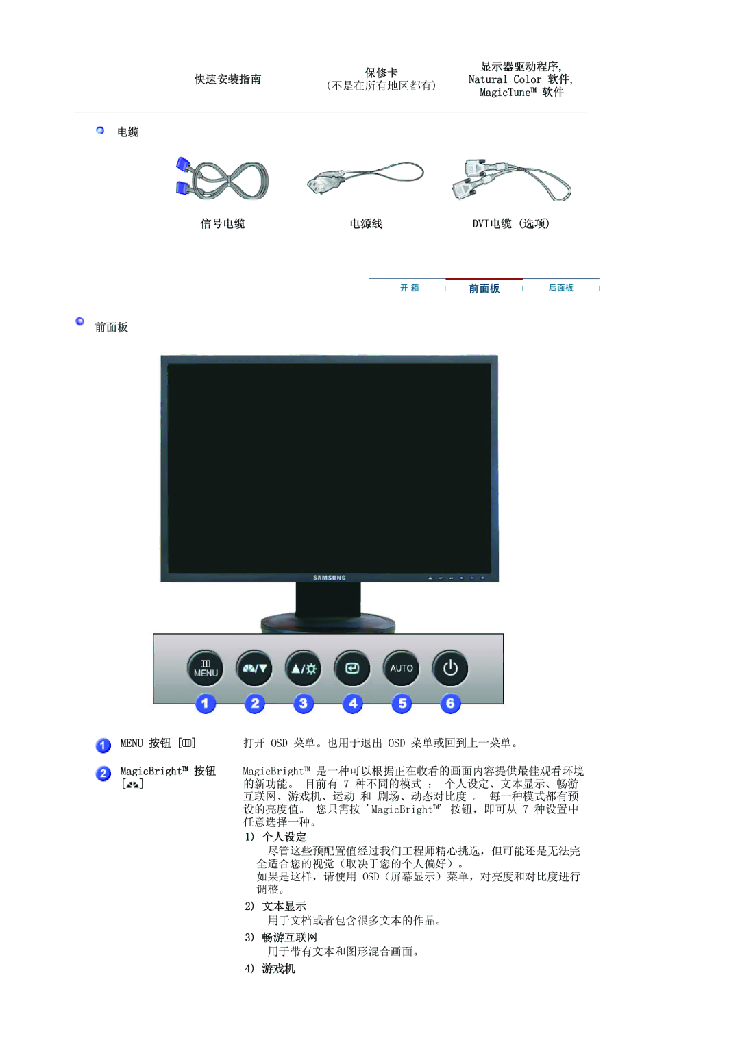 Samsung LS19HAKCSQ/EDC manual 快速安装指南, 不是在所有地区都有, 信号电缆 电源线, 前面板, 个人设定, 文本显示, 畅游互联网, 游戏机 