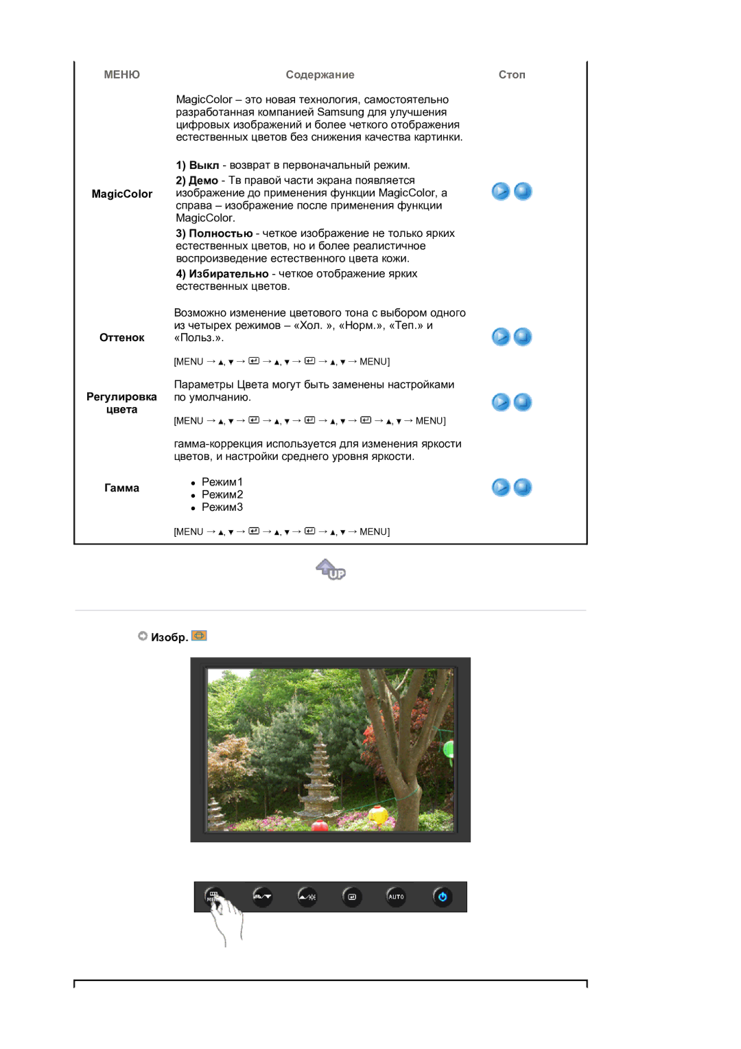 Samsung LS19HAKCSQ/EDC manual Содержание Стоп, MagicColor Оттенок Регулировка Цвета Гамма, Изобр 