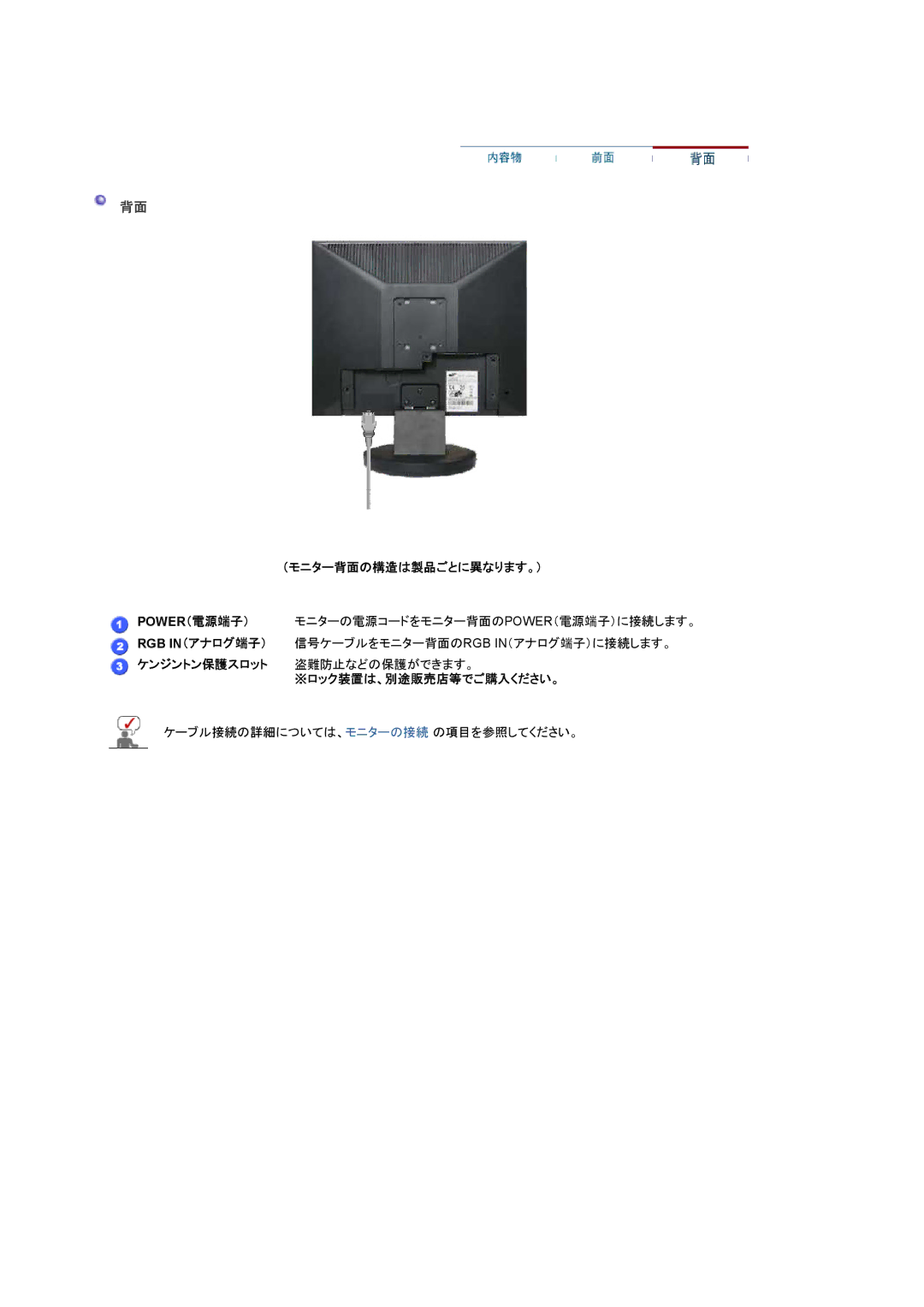 Samsung LS19HALKNY/XSJ, LS19HALKBY/XSJ manual （モニター背面の構造は製品ごとに異なります。）, ※ロック装置は、別途販売店等でご購入ください。 