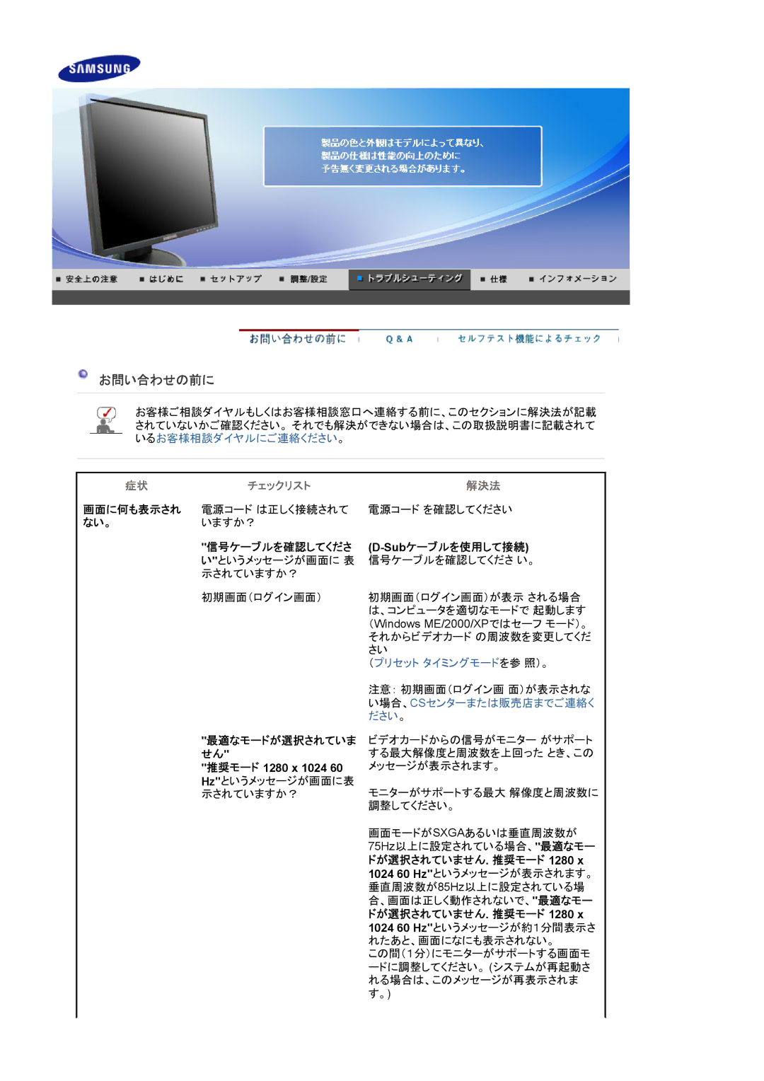 Samsung LS19HALKBY/XSJ, LS19HALKNY/XSJ manual 画面に何も表示され, ない。, Subケーブルを使用して接続信号ケーブルを確認してくださ い。, ドが選択されていません. 推奨モード 1280 