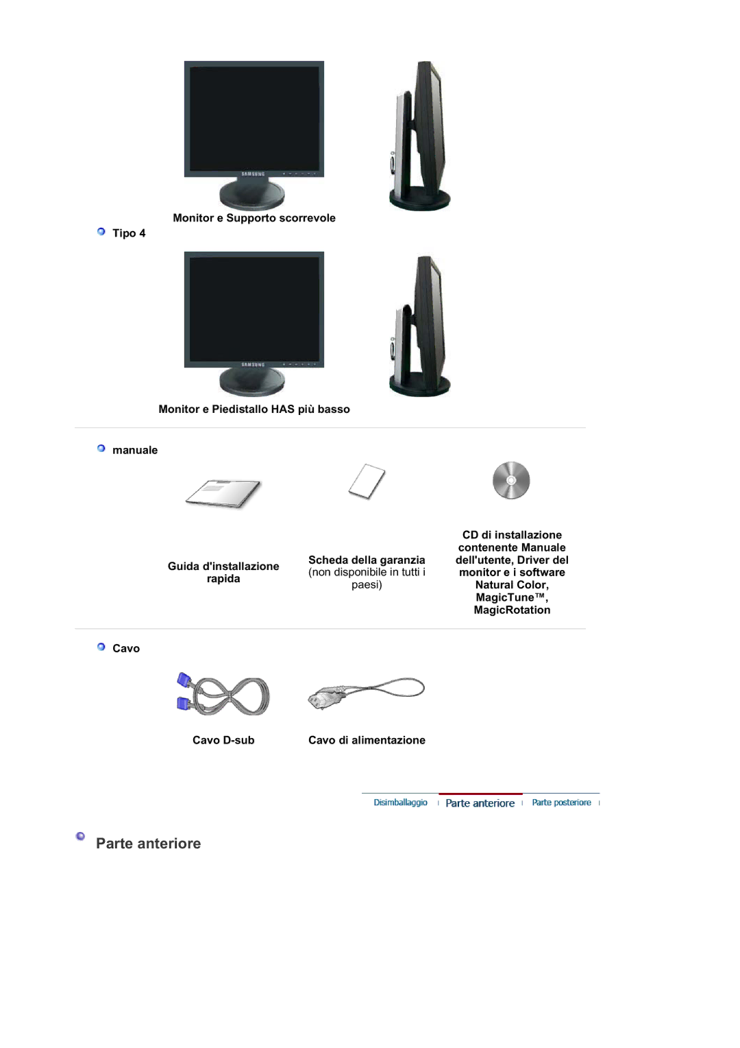 Samsung LS19HAAKSB/EDC, LS19HALKSB/EDC, LS17HATTSQ/EDC manual Monitor e i software, Cavo Cavo D-sub Cavo di alimentazione 