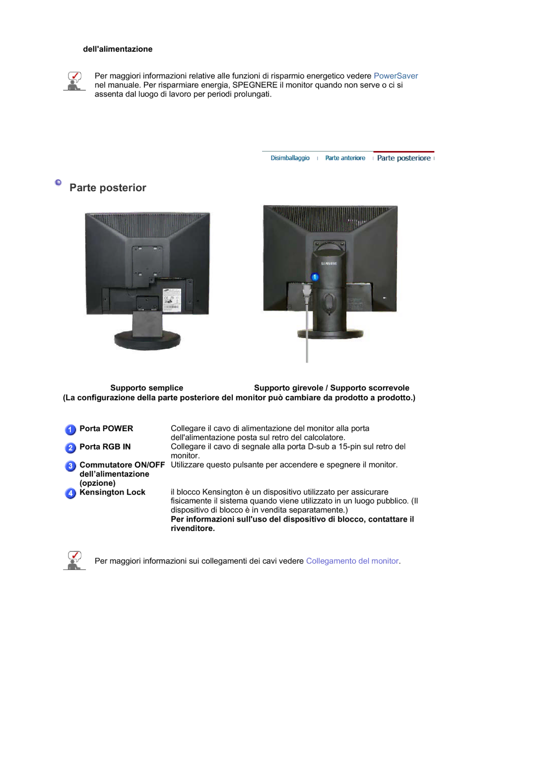 Samsung LS19HATTSQ/EDC, LS19HALKSB/EDC, LS17HATTSQ/EDC, LS15HAAKS/EDC, LS17HAAES/EDC manual Dellalimentazione, Porta RGB 