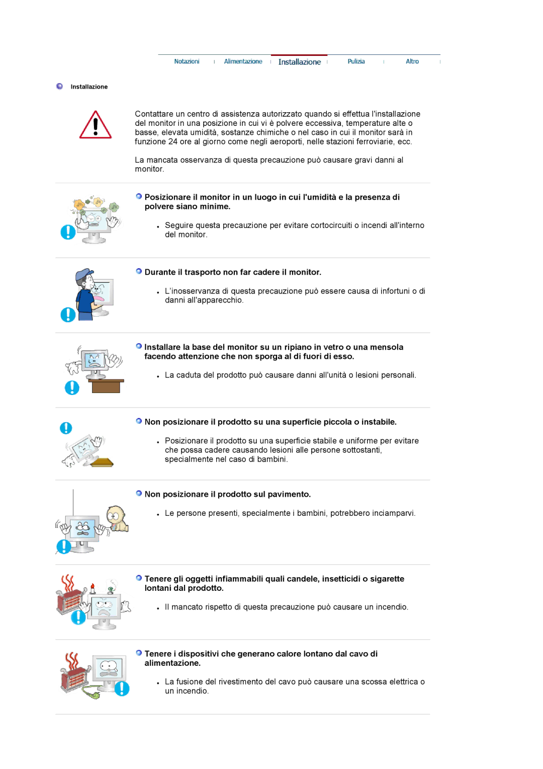 Samsung MJ19BSTSQ/EDC manual Durante il trasporto non far cadere il monitor, Non posizionare il prodotto sul pavimento 