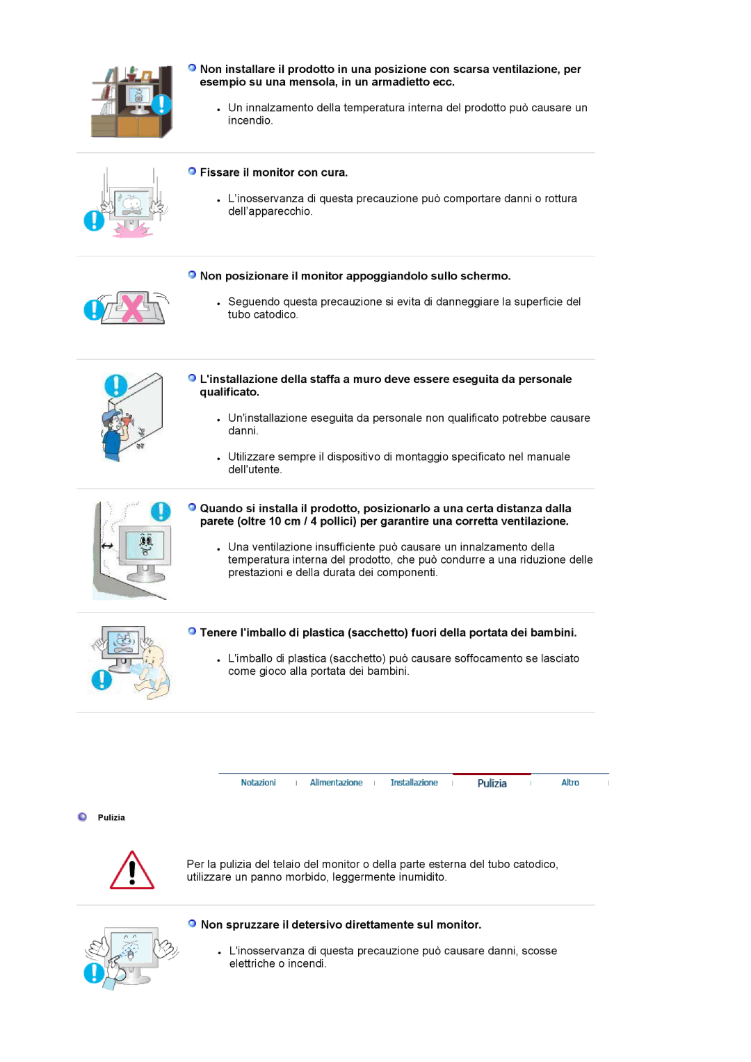 Samsung LS19HABESQ/EDC, LS19HALKSB/EDC Fissare il monitor con cura, Non posizionare il monitor appoggiandolo sullo schermo 