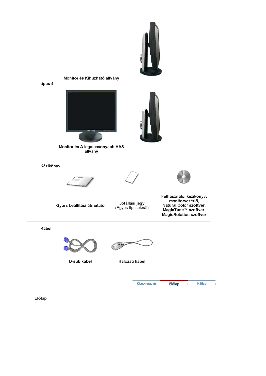 Samsung LS17HALKSY/EDC, LS19HALKSY/EDC MagicTune szoftver, MagicRotation szoftver, Kábel Sub kábel Hálózati kábel, Előlap 