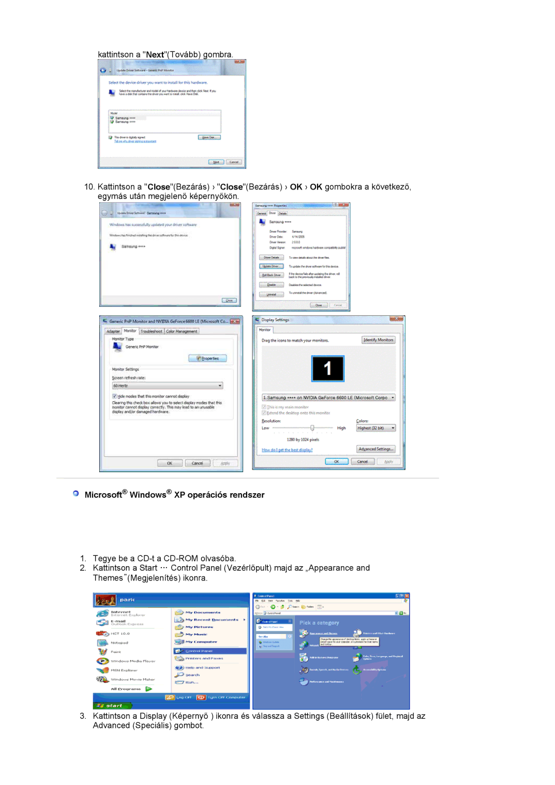 Samsung LS19HALKSY/EDC, LS17HALKSY/EDC manual Microsoft Windows XP operációs rendszer 