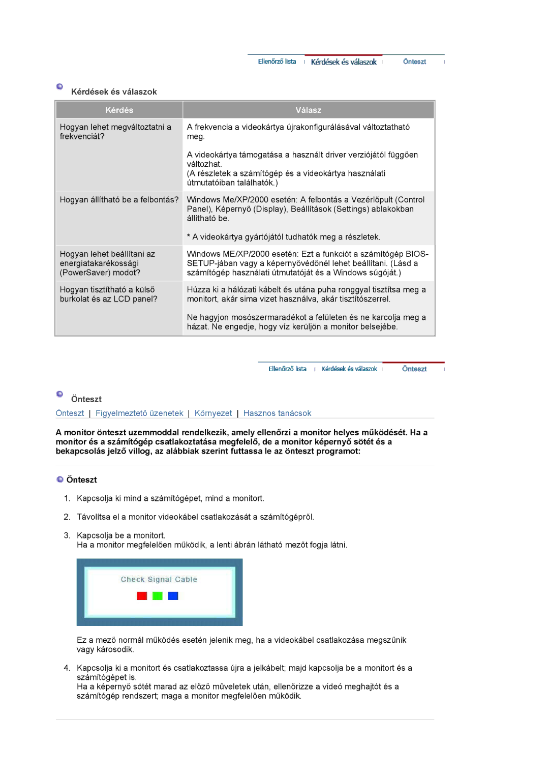 Samsung LS17HALKSY/EDC, LS19HALKSY/EDC manual Kérdések és válaszok, Önteszt 