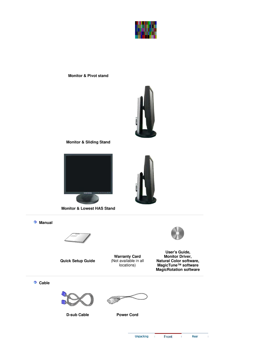 Samsung LS17HALKSY/EDC Natural Color software, MagicTune software, MagicRotation software, Cable Sub Cable Power Cord 