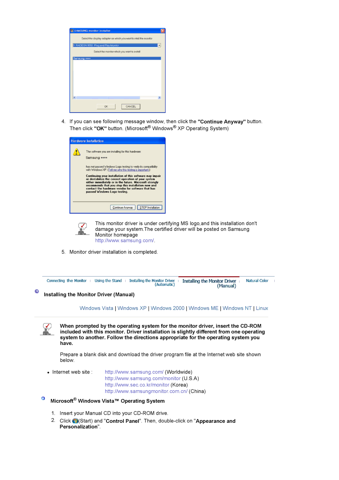 Samsung LS17HALKSY/EDC, LS19HALKSY/EDC manual Installing the Monitor Driver Manual, Microsoft Windows Vista Operating System 