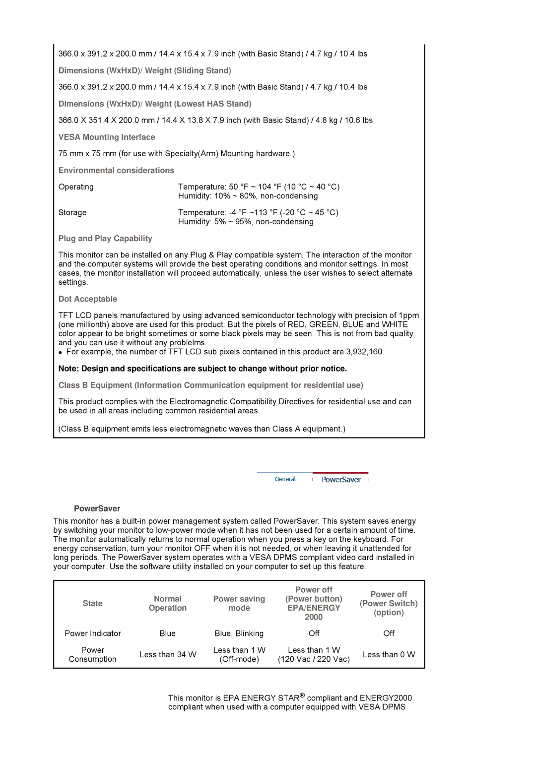 Samsung LS19HALKSY/EDC, LS17HALKSY/EDC manual Environmental considerations, PowerSaver 