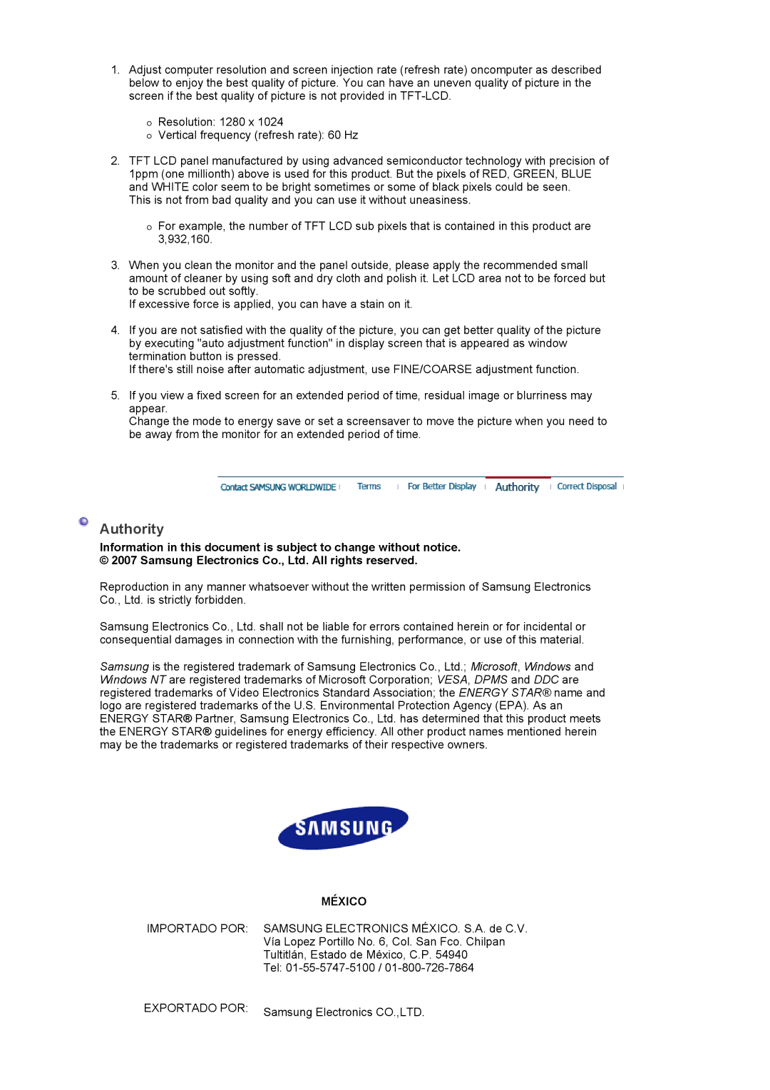 Samsung LS19HALKSY/EDC, LS17HALKSY/EDC manual Authority, México 