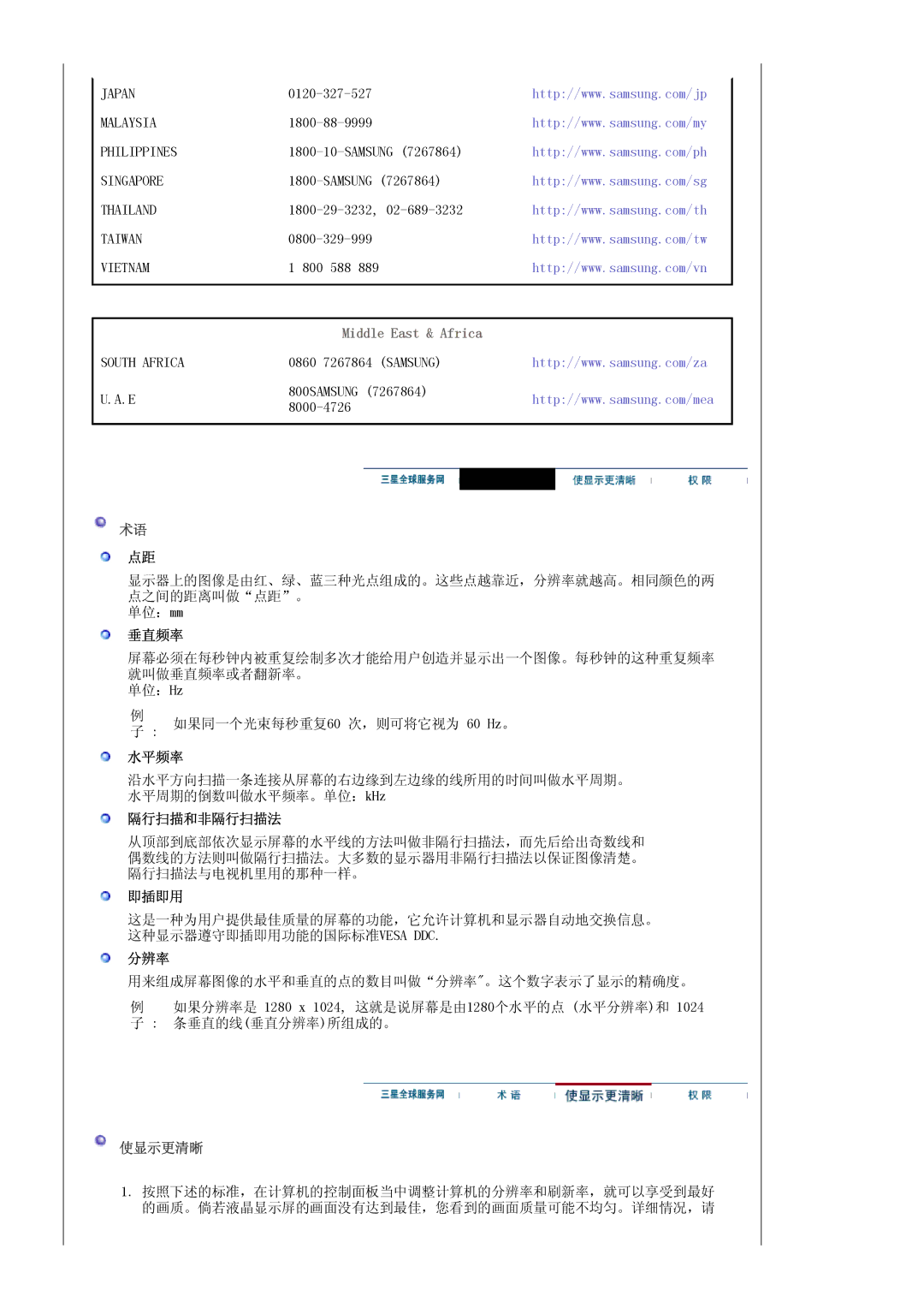 Samsung LS19HALKSY/EDC, LS17HALKSY/EDC manual Middle East & Africa, 使显示更清晰 