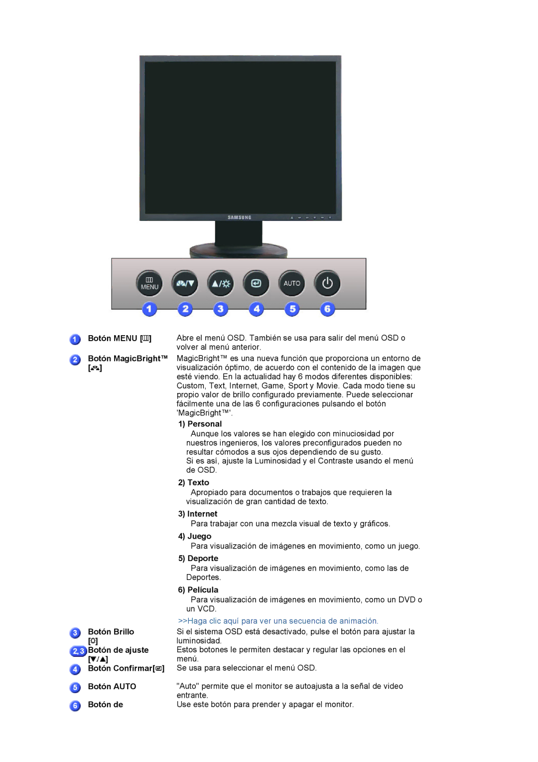 Samsung LS19HALKSZ/EDC Botón Menu, Personal, Texto, Internet, Juego, Deporte, Película, Botón Brillo, Botón de ajuste 