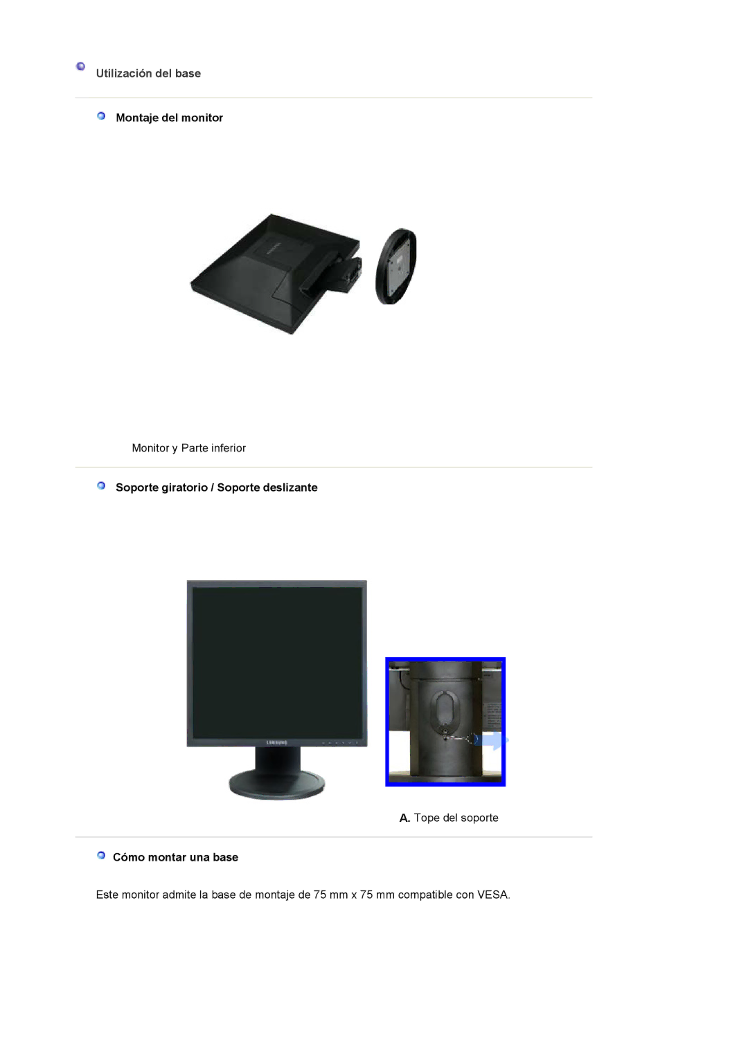 Samsung LS19HALKSZ/EDC manual Utilización del base, Montaje del monitor, Cómo montar una base 