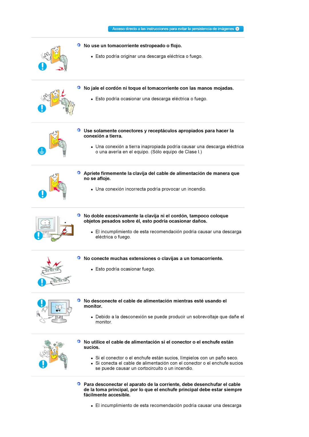 Samsung LS19HALKSZ/EDC manual No use un tomacorriente estropeado o flojo 