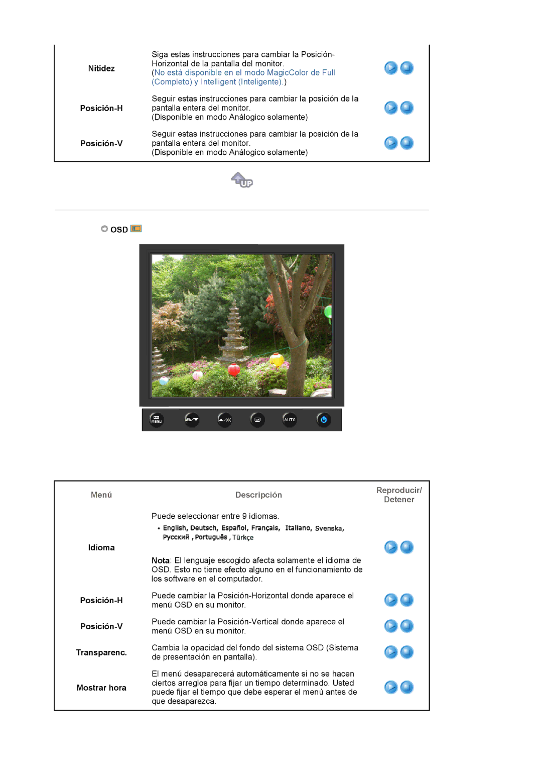 Samsung LS19HALKSZ/EDC manual Nitidez Posición-H Posición-V, Osd, Idioma, Posición-H Posición-V Transparenc Mostrar hora 