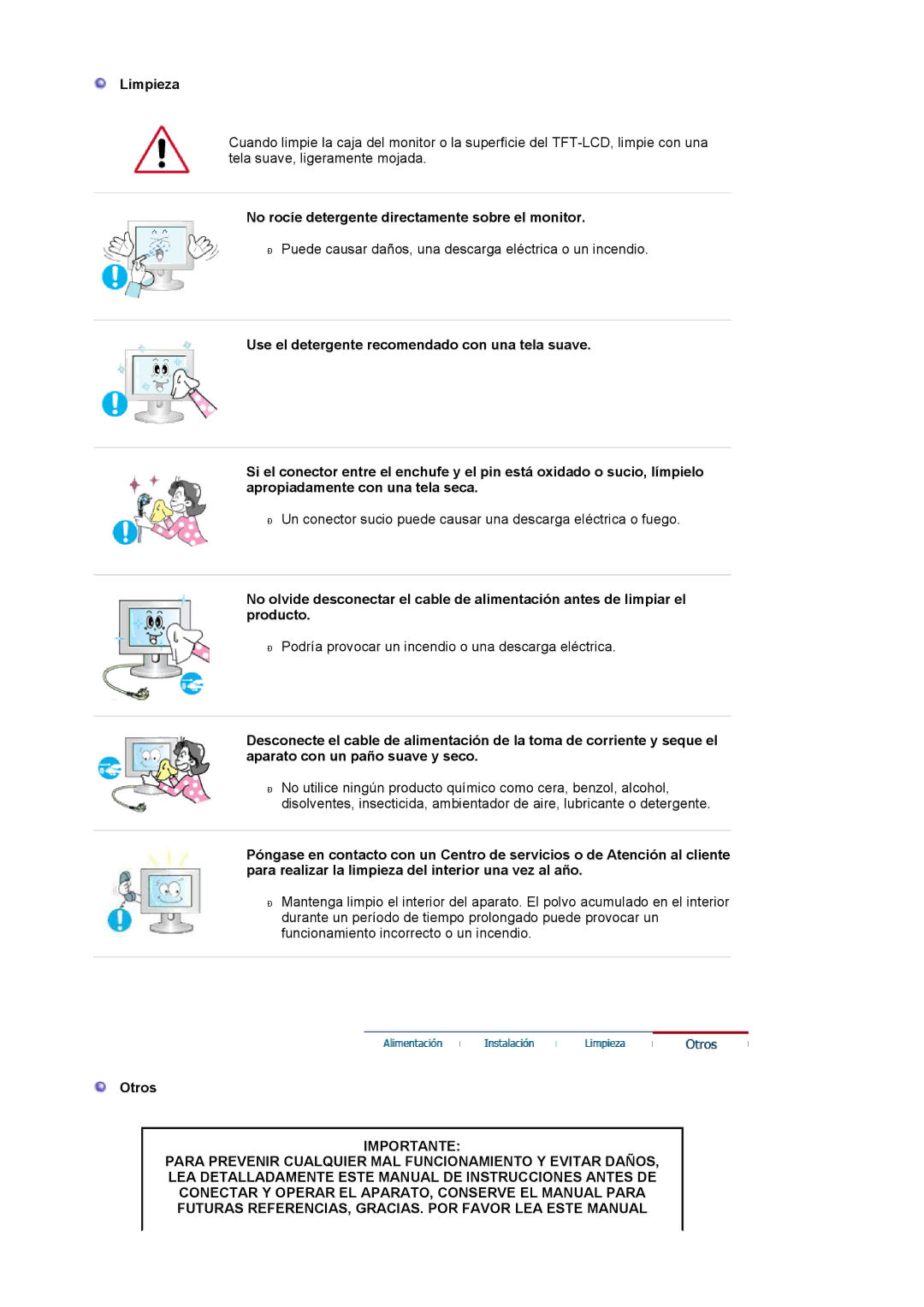 Samsung LS19HALKSZ/EDC manual Limpieza, No rocíe detergente directamente sobre el monitor, Otros 