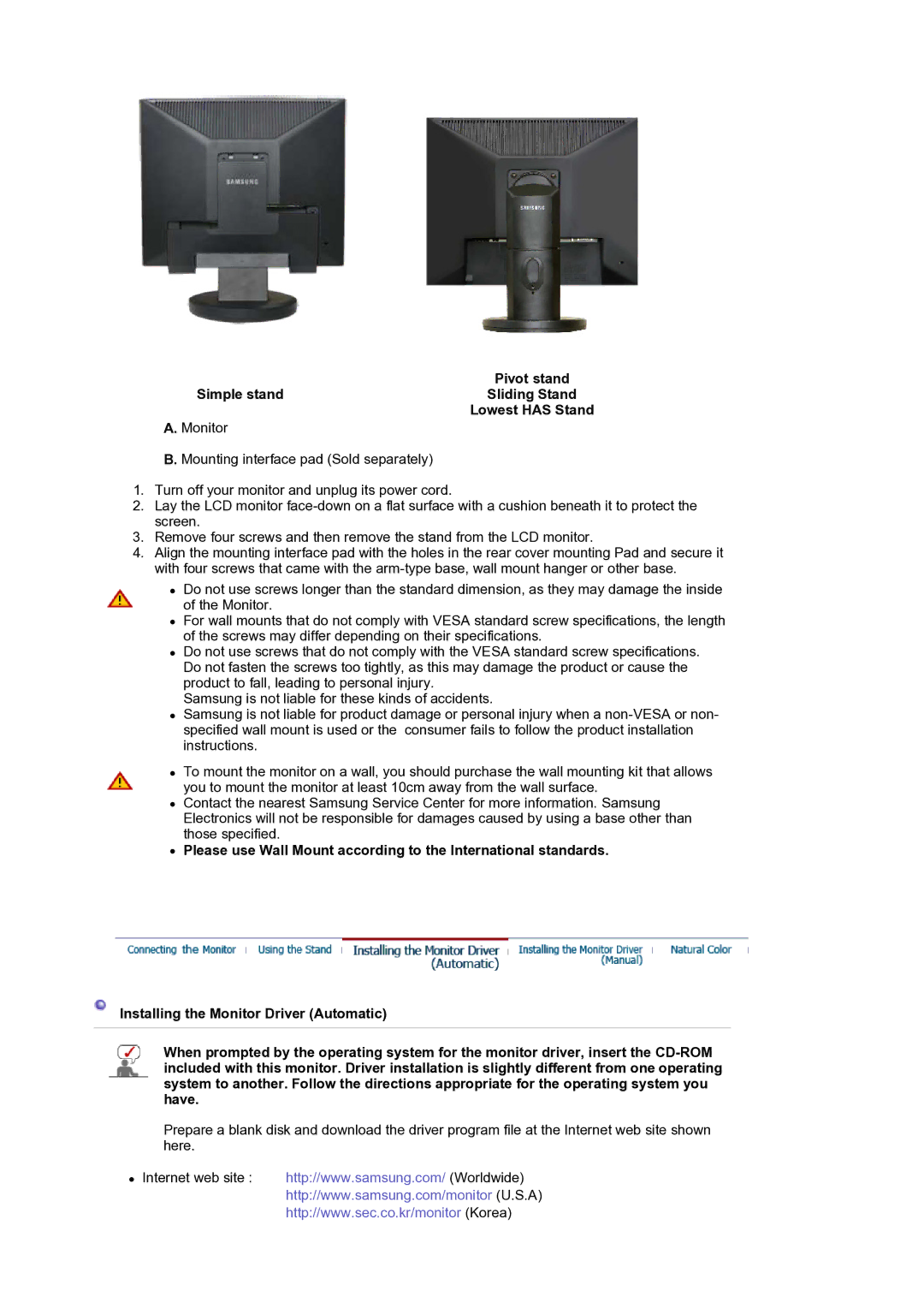 Samsung LS19HALKSZ/EDC manual Pivot stand Simple standSliding Stand Lowest has Stand 