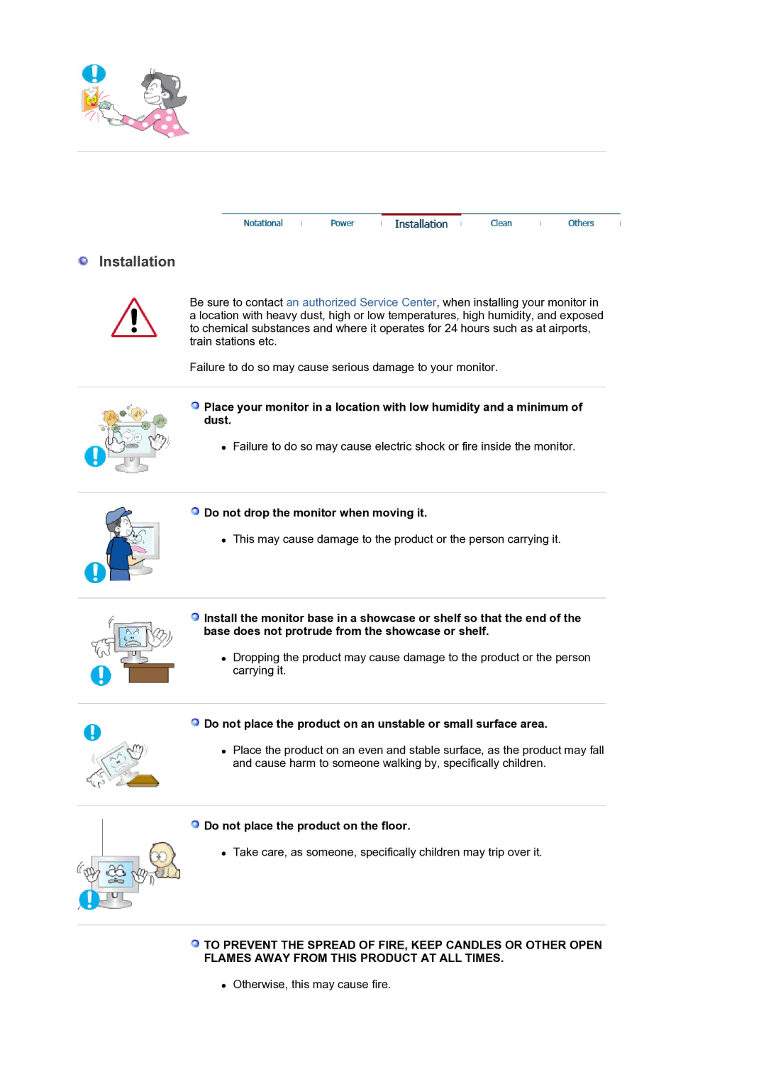 Samsung LS19HALKSZ/EDC manual Do not drop the monitor when moving it, Do not place the product on the floor 