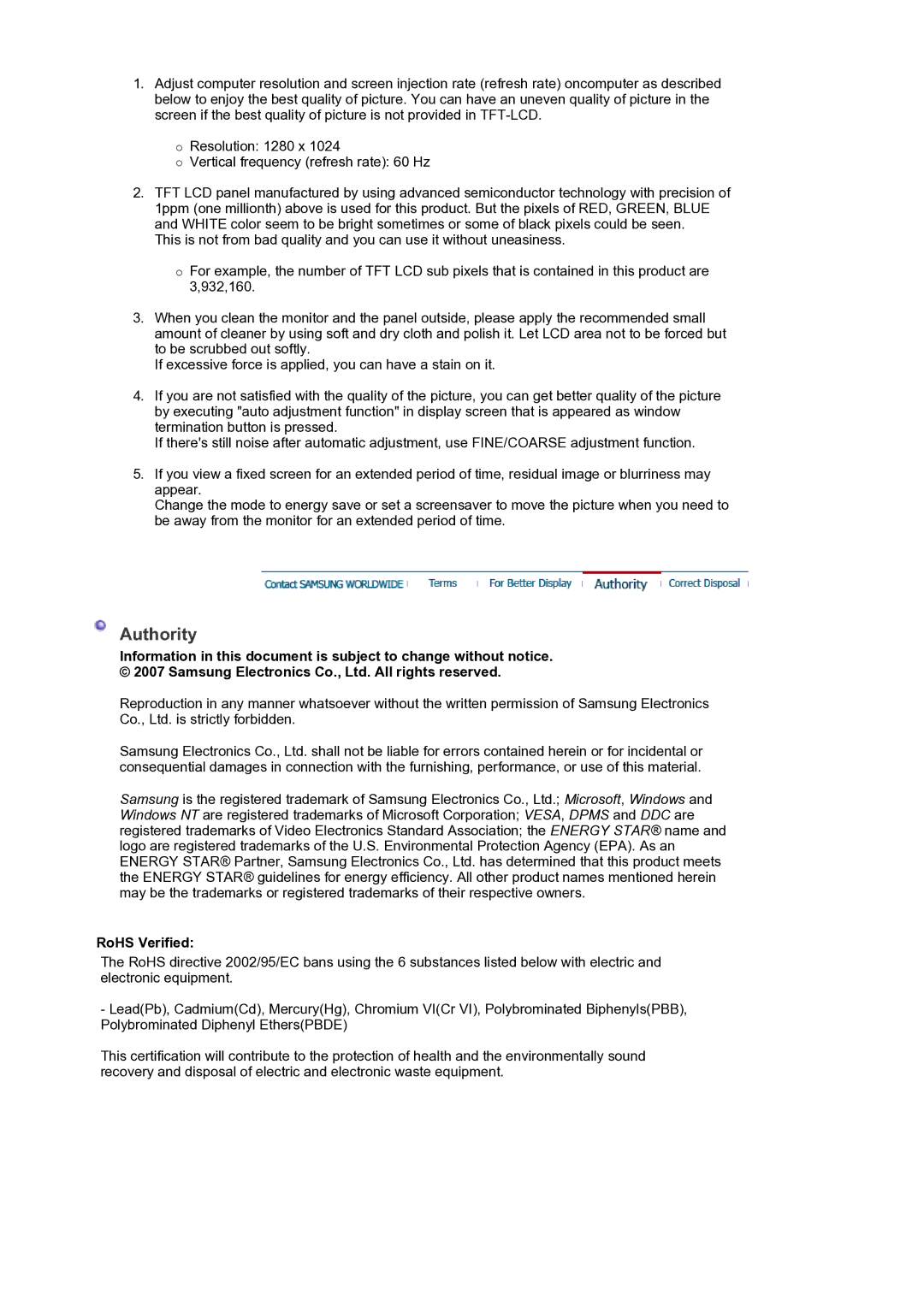 Samsung LS19HALKSZ/EDC manual Authority, RoHS Verified 