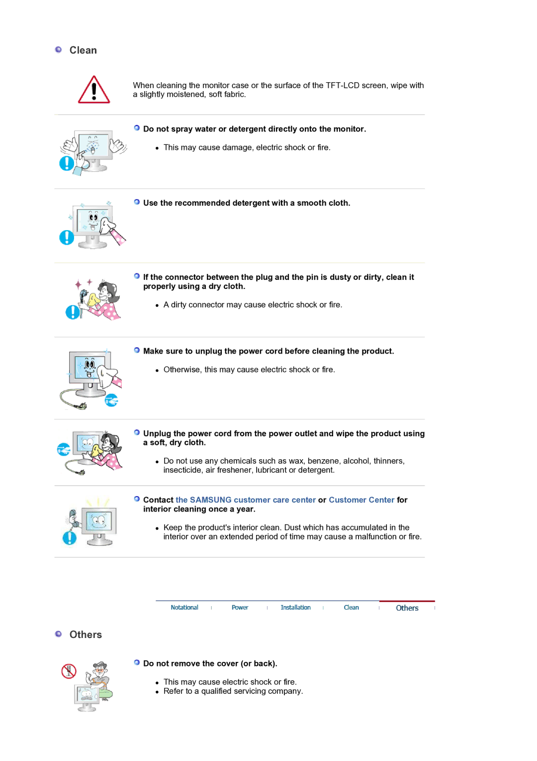 Samsung LS19HALKSZ/EDC manual Do not spray water or detergent directly onto the monitor, Do not remove the cover or back 