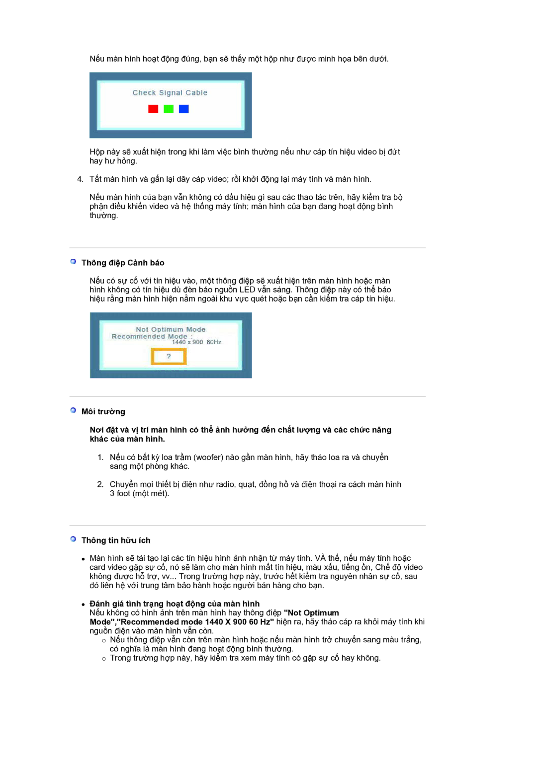 Samsung LS19HANKBM/XSV manual Thông điệp Cảnh báo, Thông tin hữu ích, Đánh giá tình trạng hoạt động của màn hình 