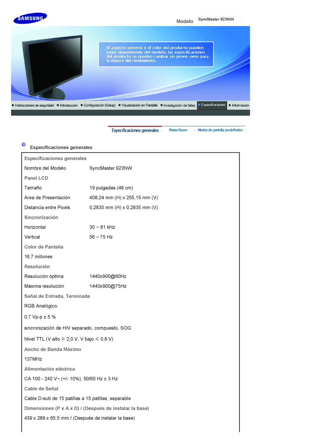 Samsung LS22HANKSUEDC Especificaciones generales, Panel LCD, Sincronización, Color de Pantalla, Resolución, Cable de Señal 