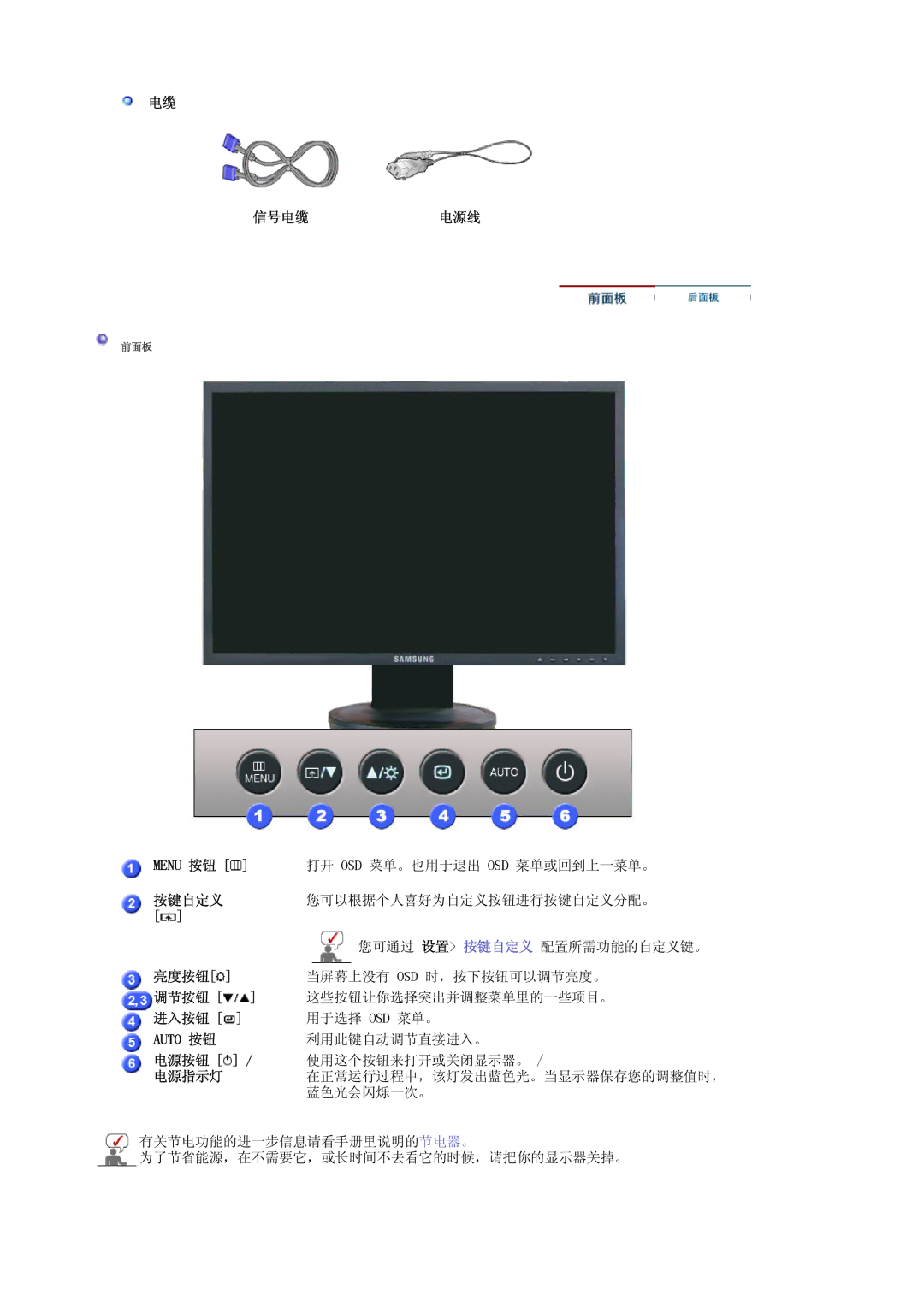 Samsung LS19HANKSHEDC, LS22HANKSUEDC, LS20HANKSHEDC manual 信号电缆电源线, 按键自定义 您可以根据个人喜好为自定义按钮进行按键自定义分配。, 进入按钮 用于选择 Osd 菜单。 