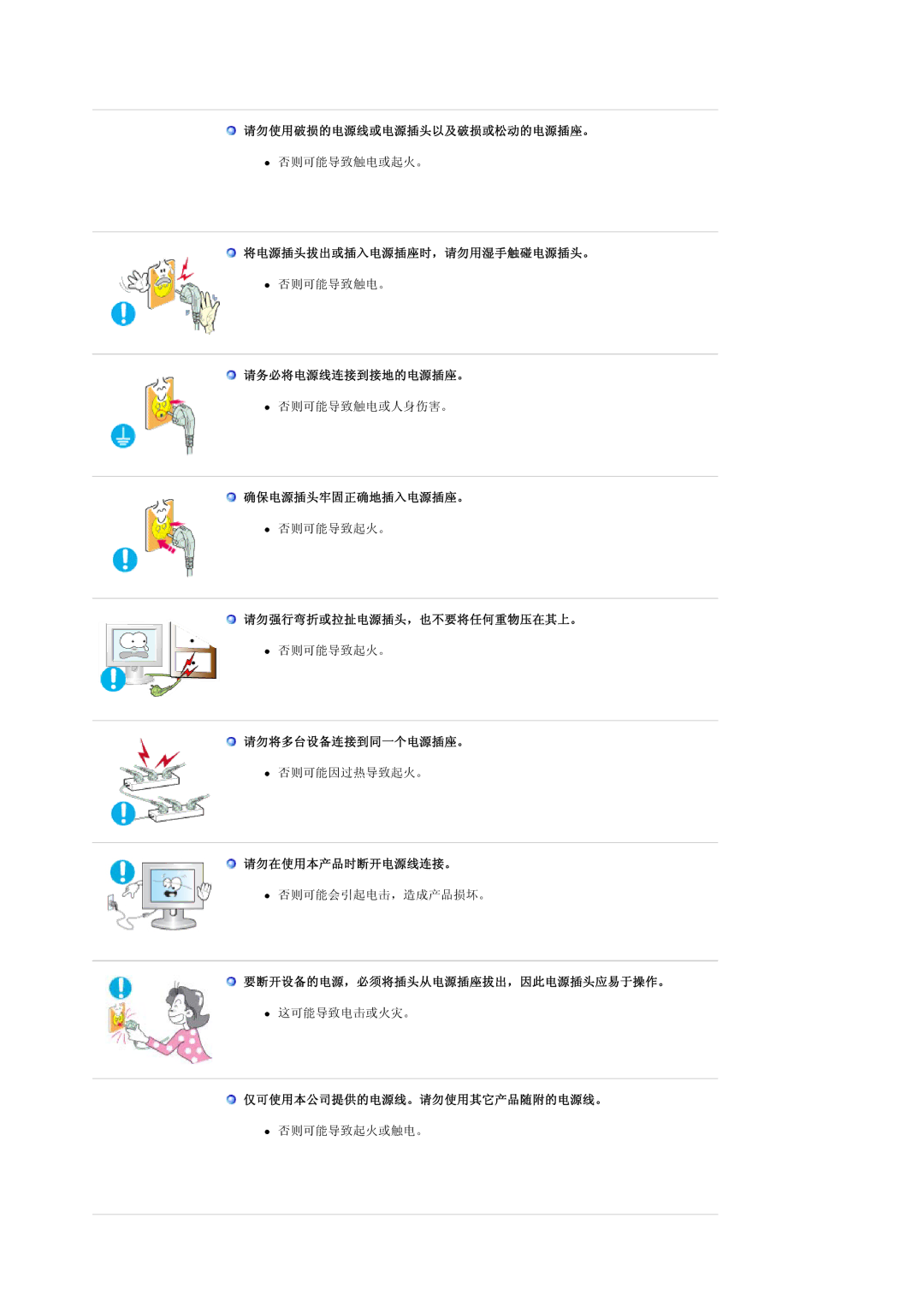 Samsung LS19HANKBDHEDC 请勿使用破损的电源线或电源插头以及破损或松动的电源插座。, 将电源插头拔出或插入电源插座时，请勿用湿手触碰电源插头。, 请务必将电源线连接到接地的电源插座。, 确保电源插头牢固正确地插入电源插座。 