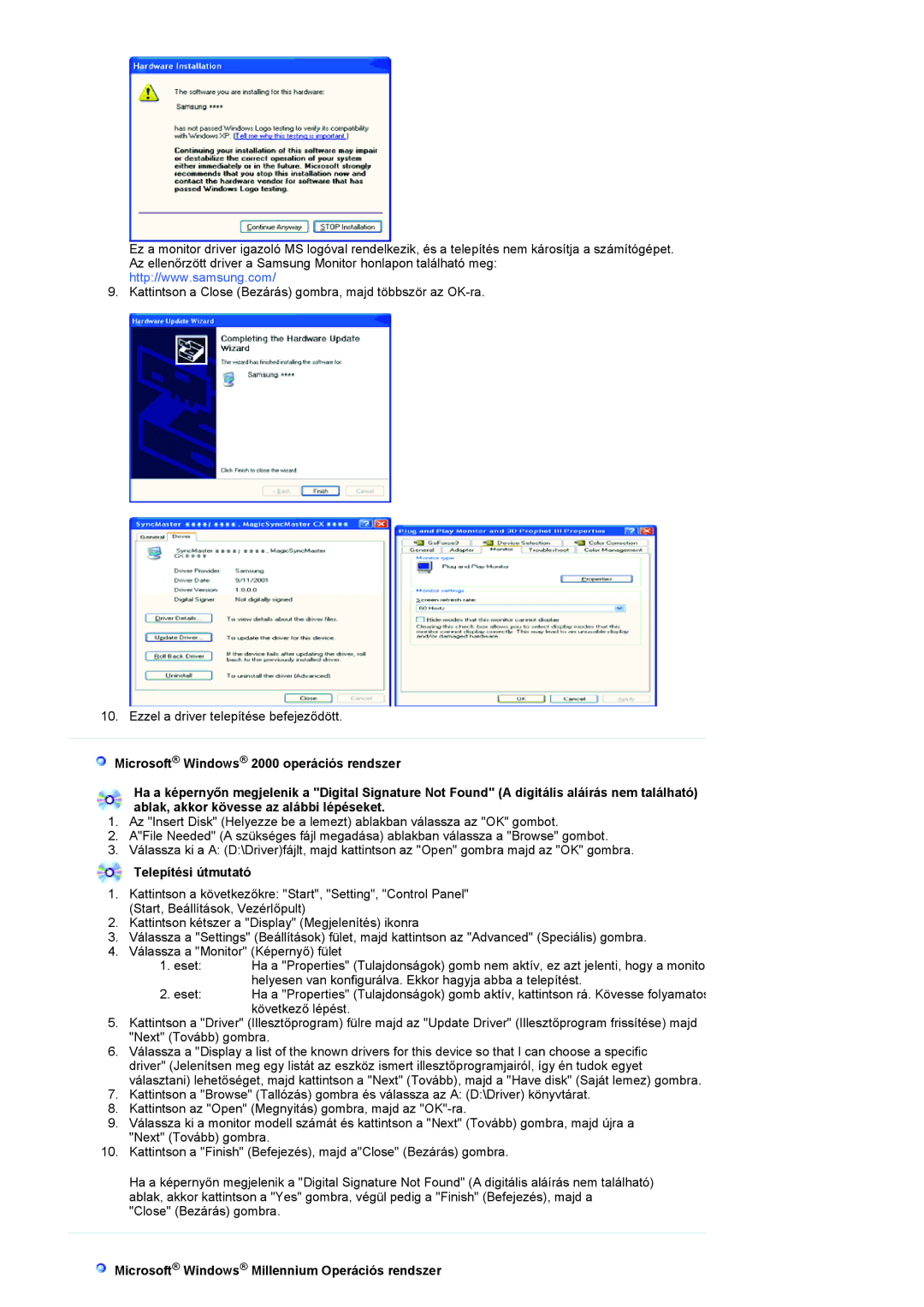 Samsung LS22HANKSUEDC, LS19HANKSHEDC, LS20HANKSHEDC Telepítési útmutató, Microsoft Windows Millennium Operációs rendszer 