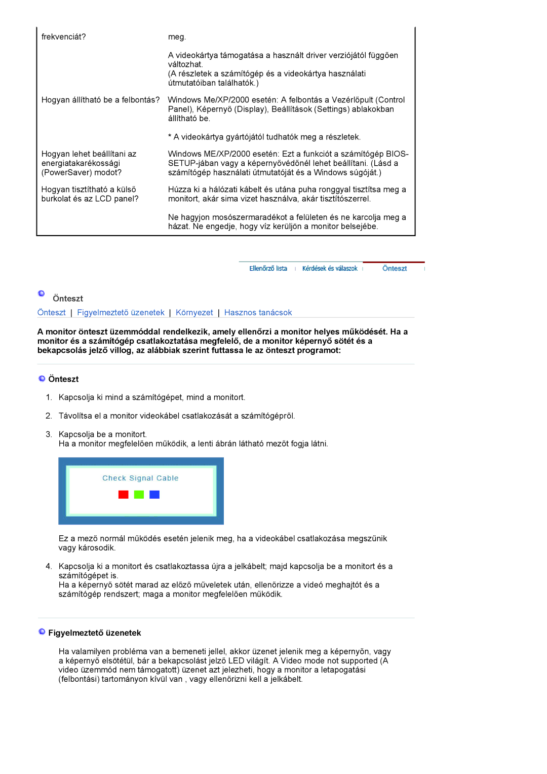 Samsung LS19HANKBDHEDC, LS19HANKSHEDC, LS22HANKSUEDC, LS20HANKSHEDC manual Önteszt, Figyelmeztető üzenetek 