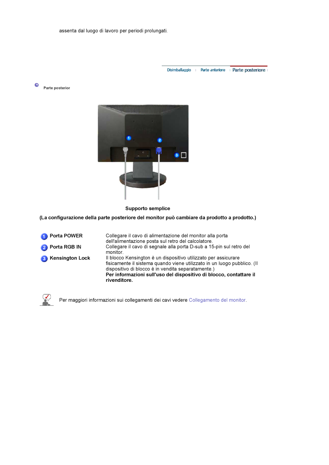 Samsung LS22HANKSUEDC, LS19HANKSHEDC, LS20HANKSHEDC, LS19HANKSUEDC manual Porta RGB, Kensington Lock, Rivenditore 