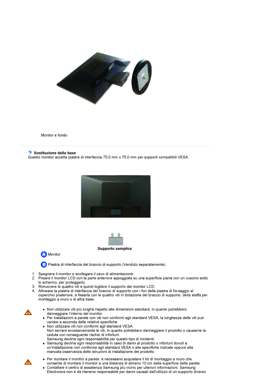 Samsung LS19HANKSUEDC, LS19HANKSHEDC, LS22HANKSUEDC, LS20HANKSHEDC manual Sostituzione della base 