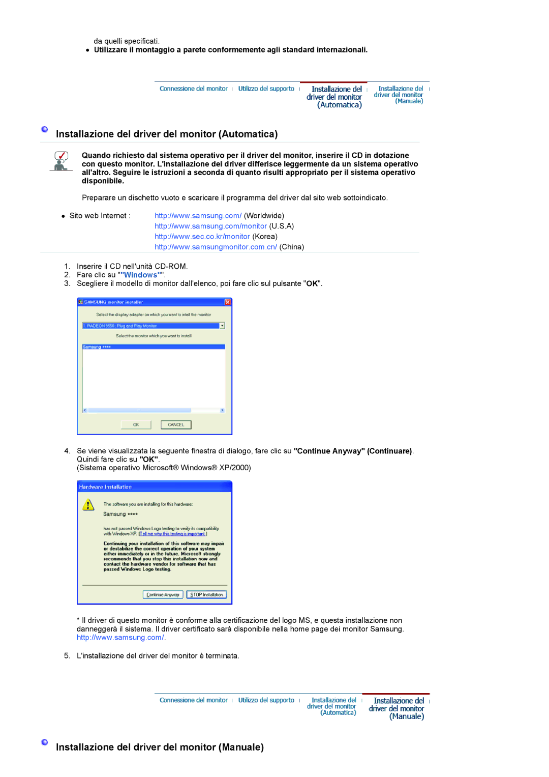 Samsung LS19HANKSHEDC, LS22HANKSUEDC, LS20HANKSHEDC, LS19HANKSUEDC manual Installazione del driver del monitor Automatica 