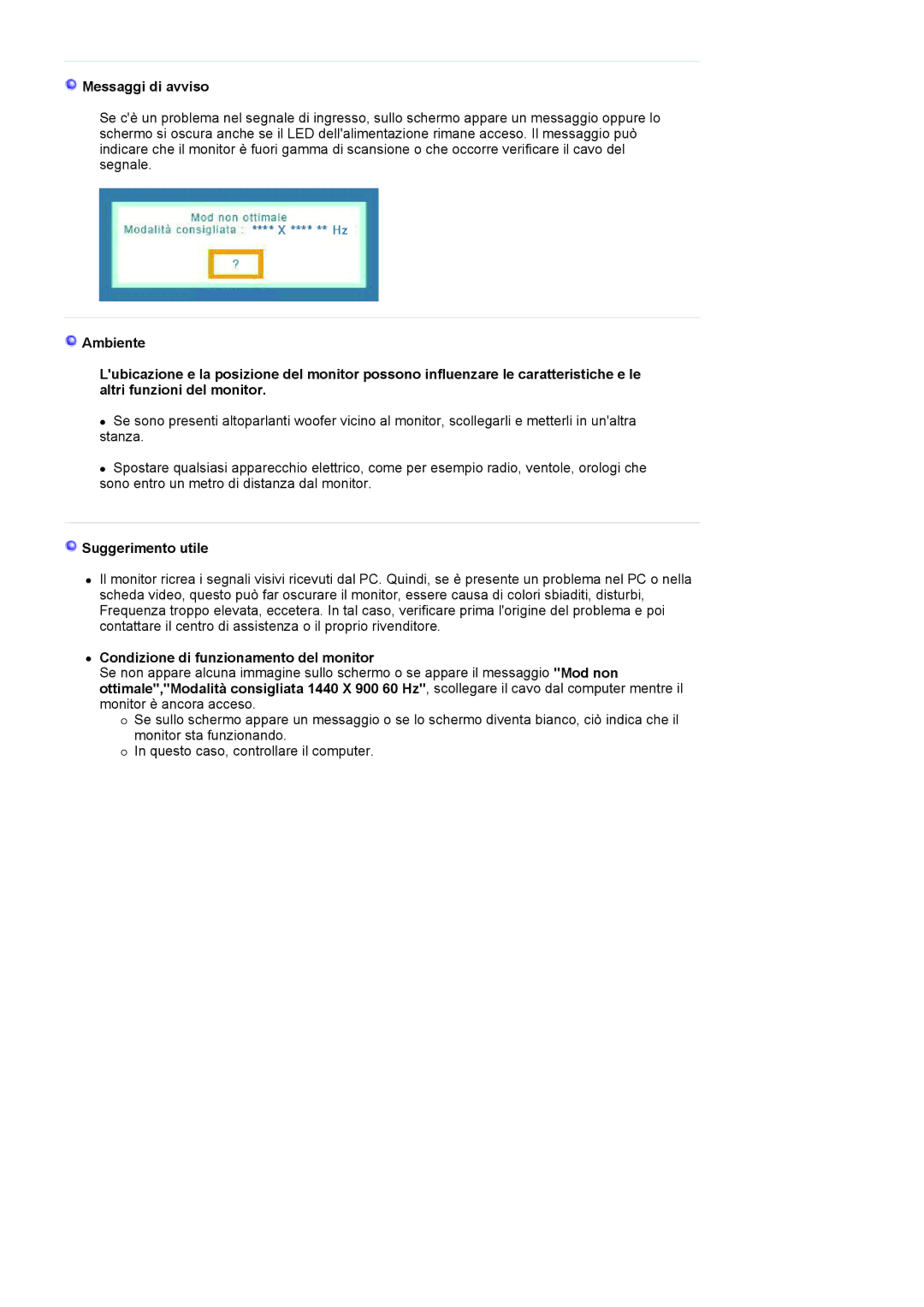 Samsung LS19HANKSHEDC, LS22HANKSUEDC manual Messaggi di avviso, Suggerimento utile, Condizione di funzionamento del monitor 