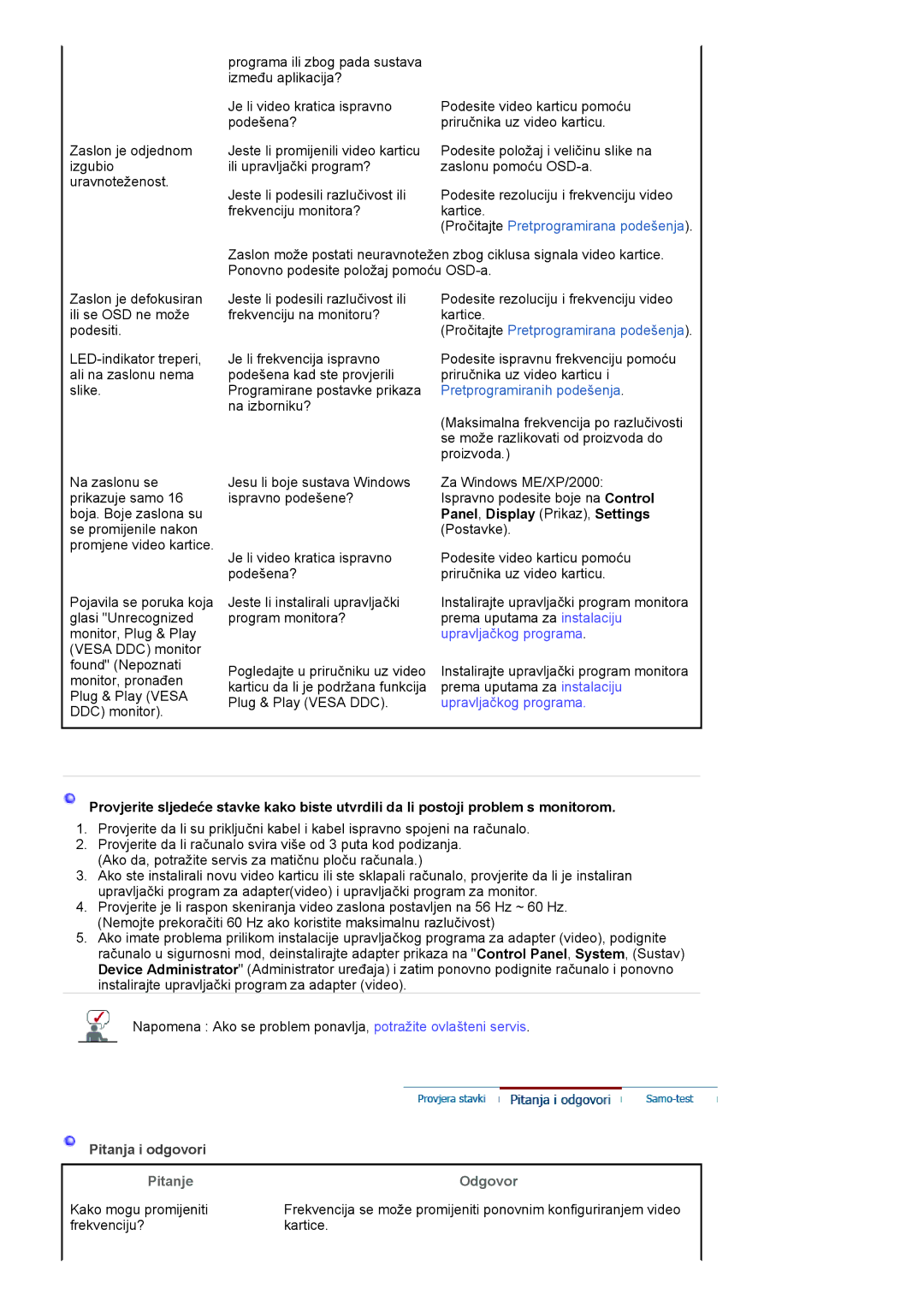 Samsung LS20HANKSHEDC, LS19HANKSHEDC, LS22HANKSUEDC, LS19HANKSUEDC Pročitajte Pretprogramirana podešenja, Pitanje Odgovor 