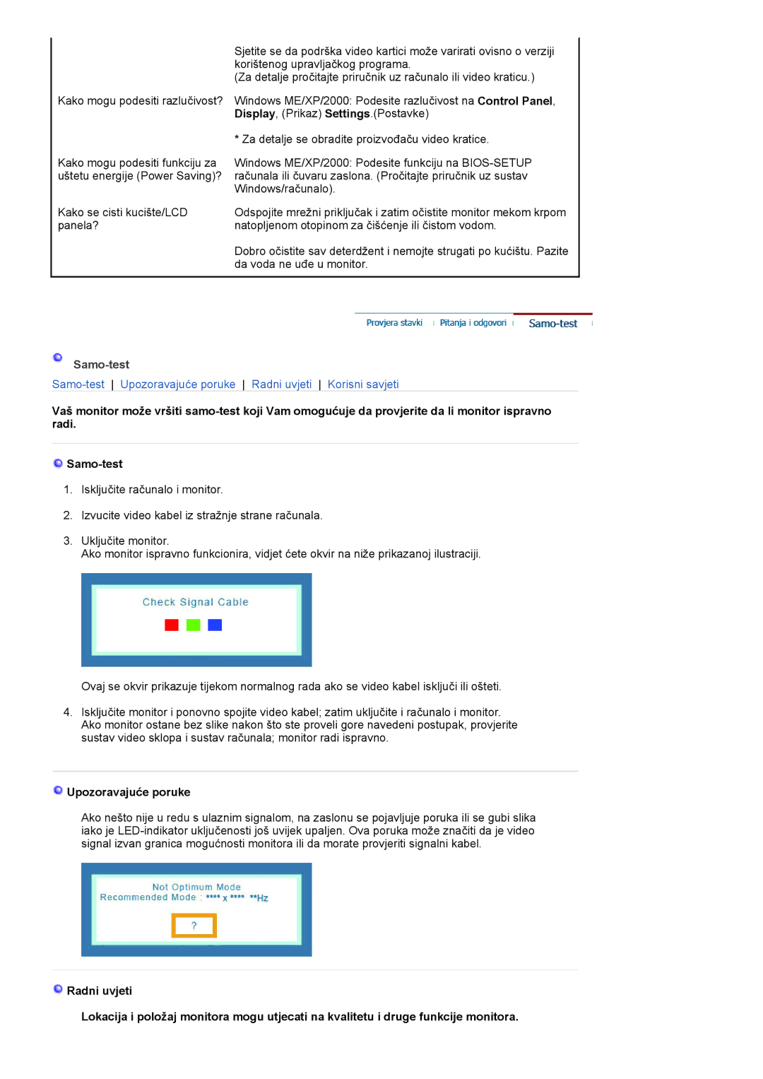 Samsung LS19HANKSUEDC, LS19HANKSHEDC, LS22HANKSUEDC, LS20HANKSHEDC manual Samo-test, Upozoravajuće poruke 