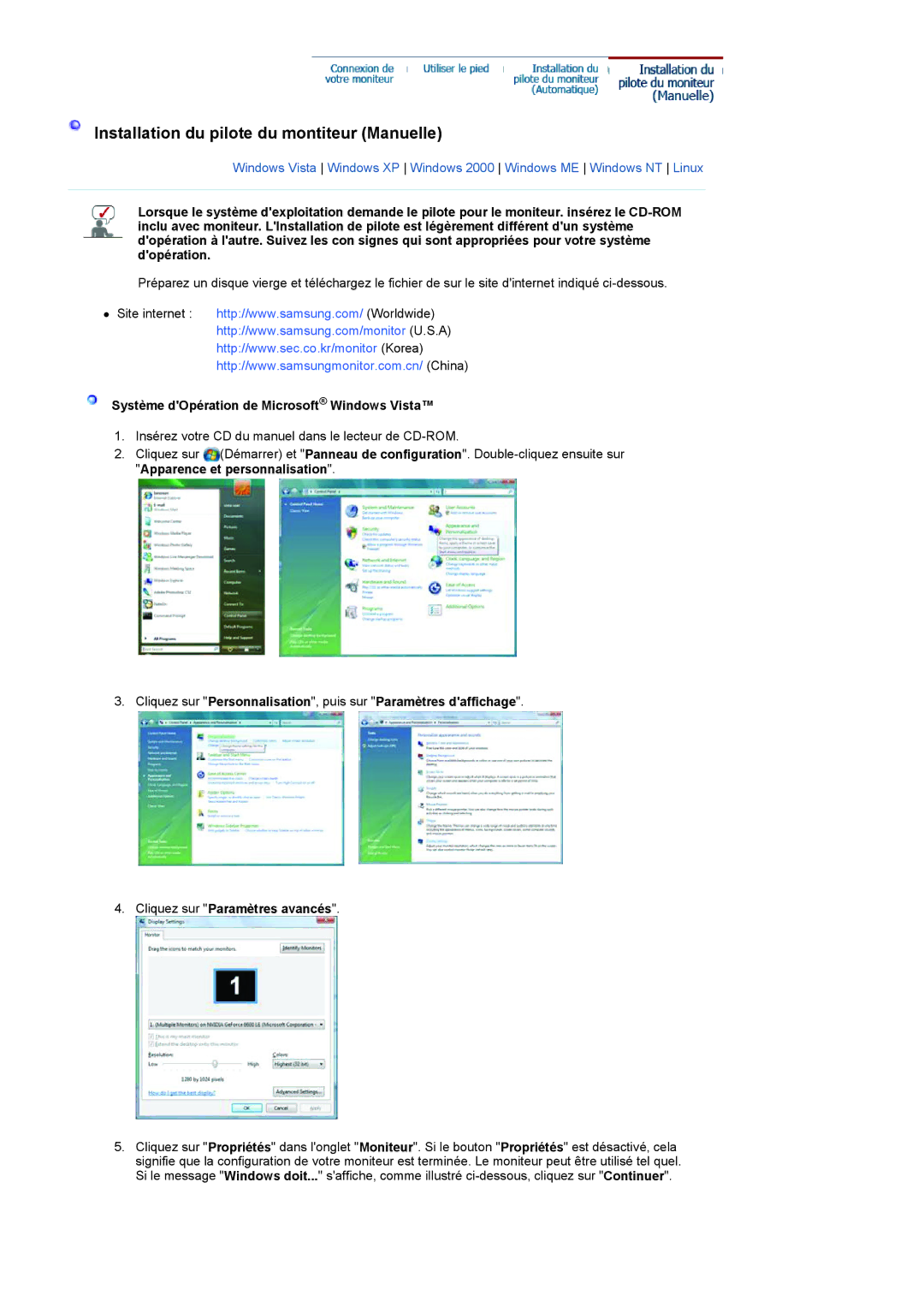 Samsung LS20HANKSHEDC manual Installation du pilote du montiteur Manuelle, Système dOpération de Microsoft Windows Vista 