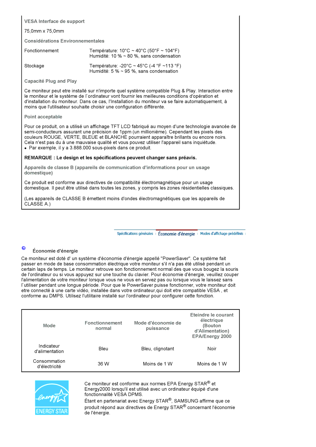 Samsung LS22HANKSUEDC Vesa Interface de support, Considérations Environnementales, Capacité Plug and Play, W Moins de 1 W 