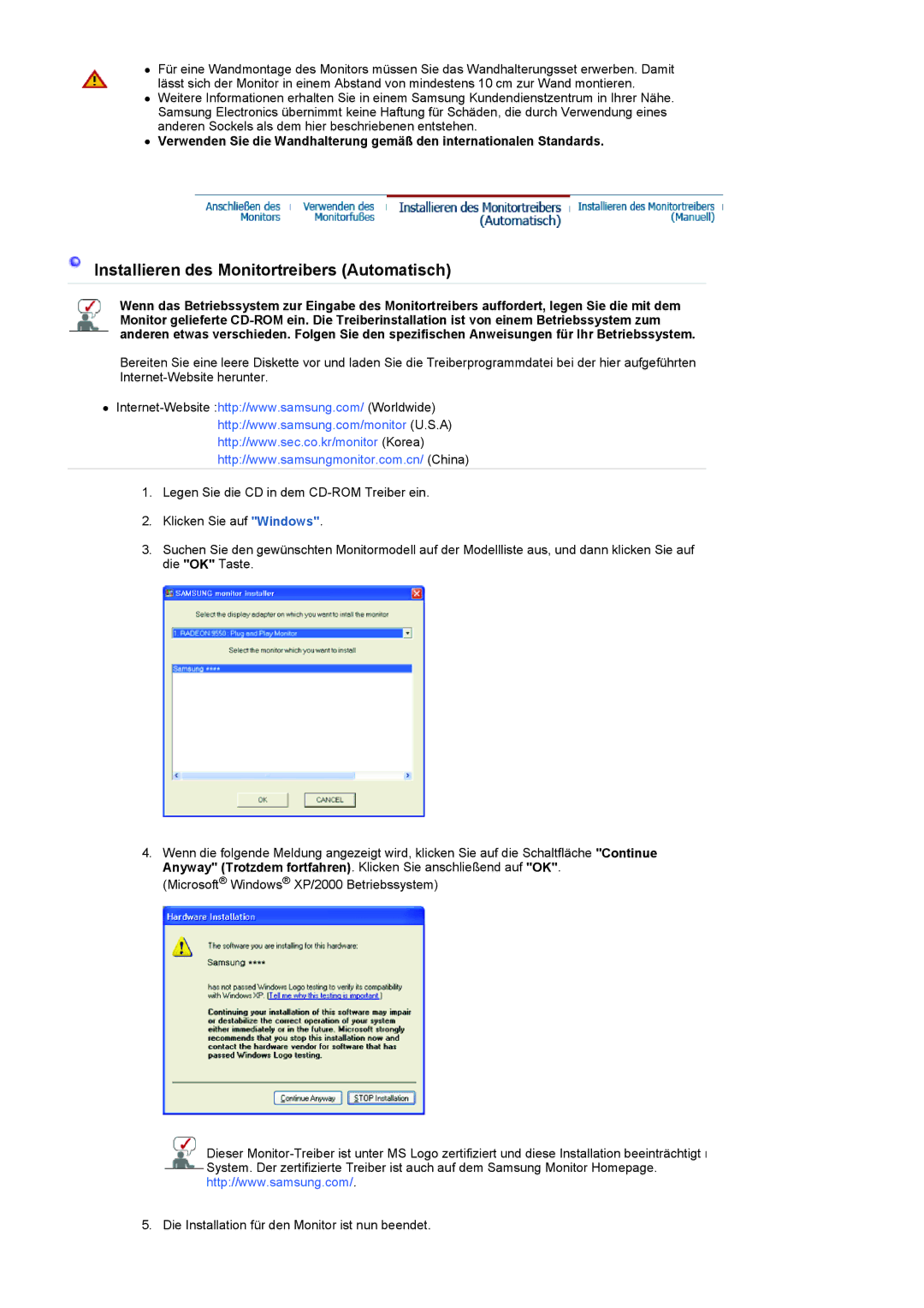 Samsung LS22HANKSUEDC, LS19HANKSHEDC, LS20HANKSHEDC manual Installieren des Monitortreibers Automatisch 