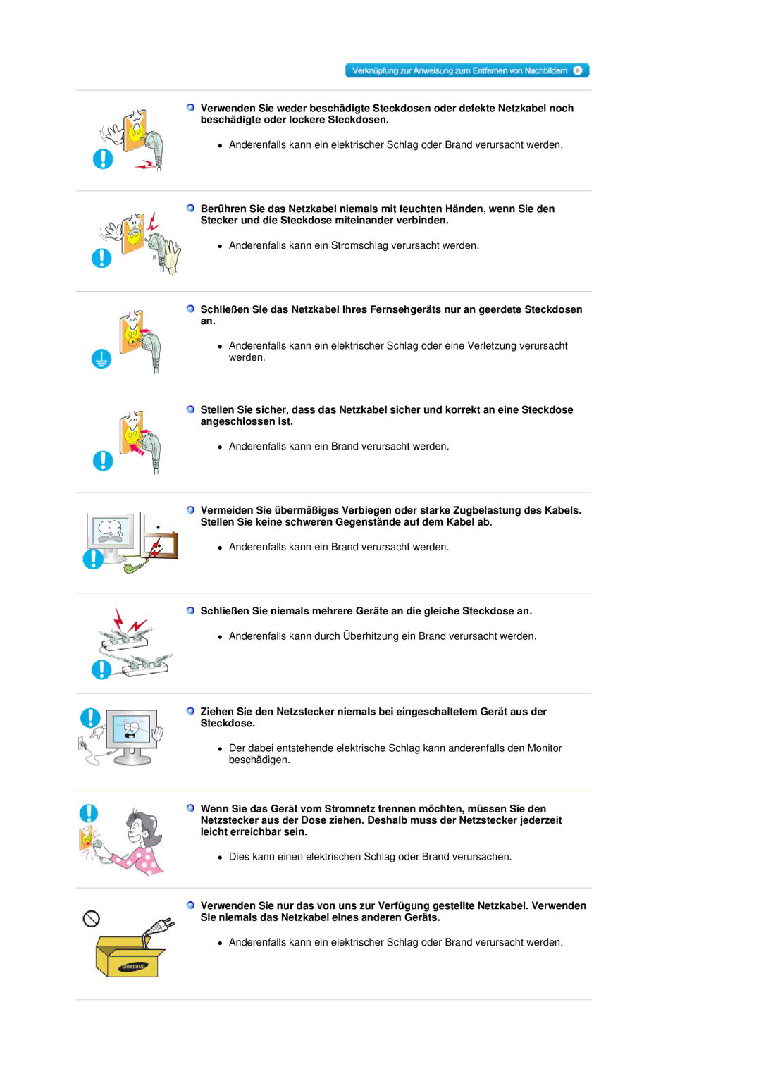 Samsung LS19HANKSHEDC, LS22HANKSUEDC, LS20HANKSHEDC manual Anderenfalls kann ein Stromschlag verursacht werden 