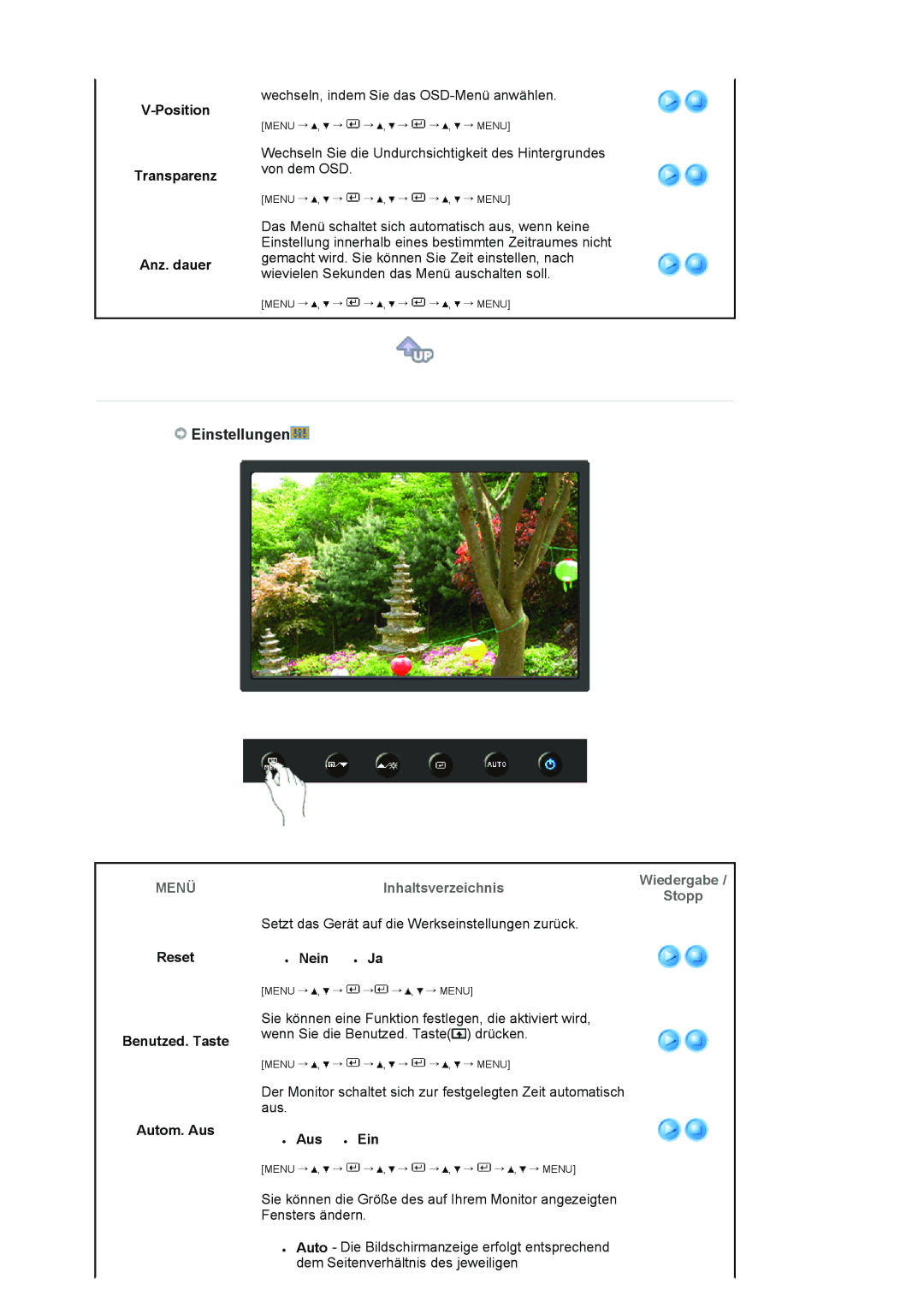 Samsung LS22HANKSUEDC manual Position Transparenz Anz. dauer, Reset Benutzed. Taste Autom. Aus, Nein z Ja, Aus z Ein 