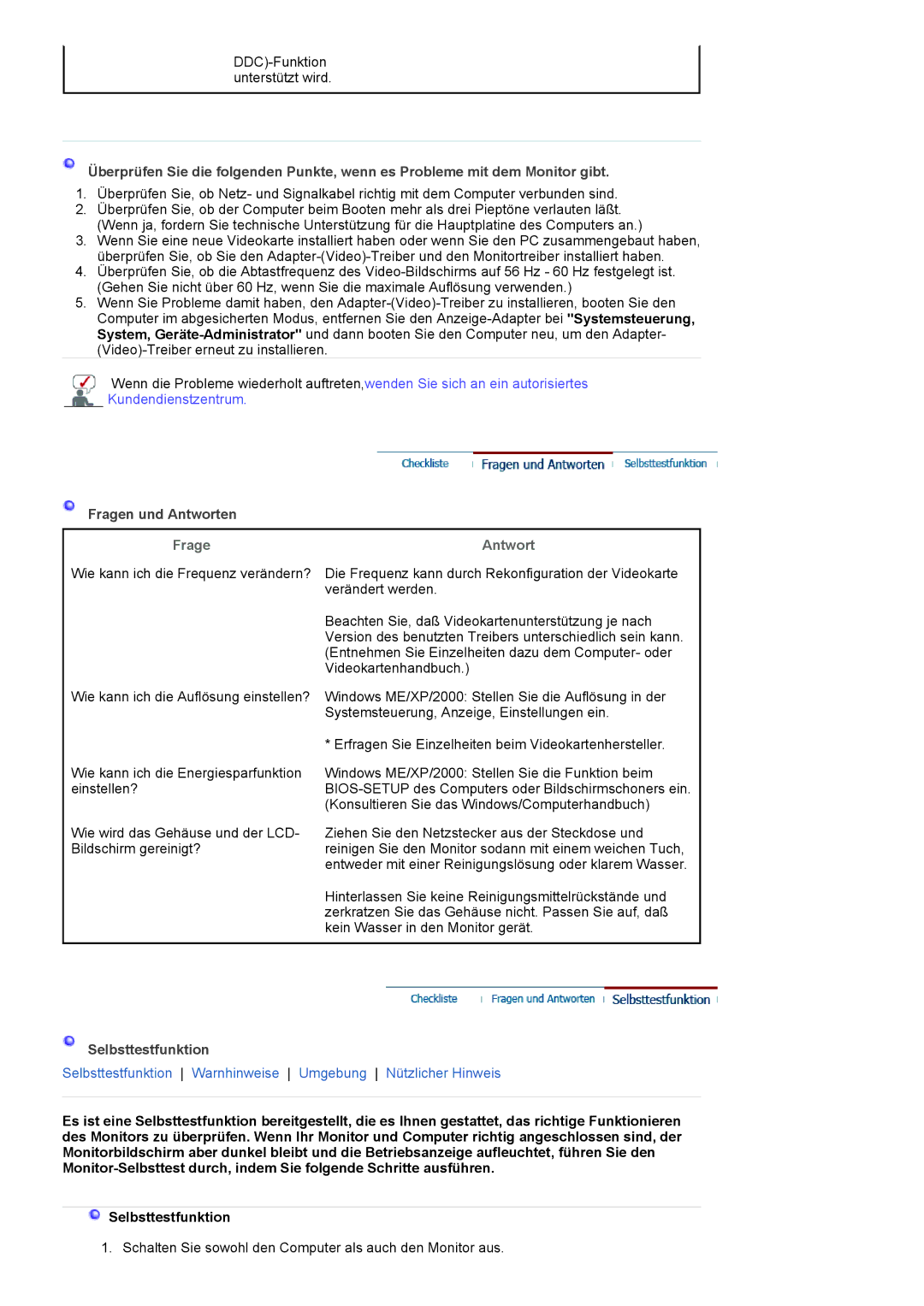 Samsung LS20HANKSHEDC, LS19HANKSHEDC, LS22HANKSUEDC manual Frage Antwort, Selbsttestfunktion 