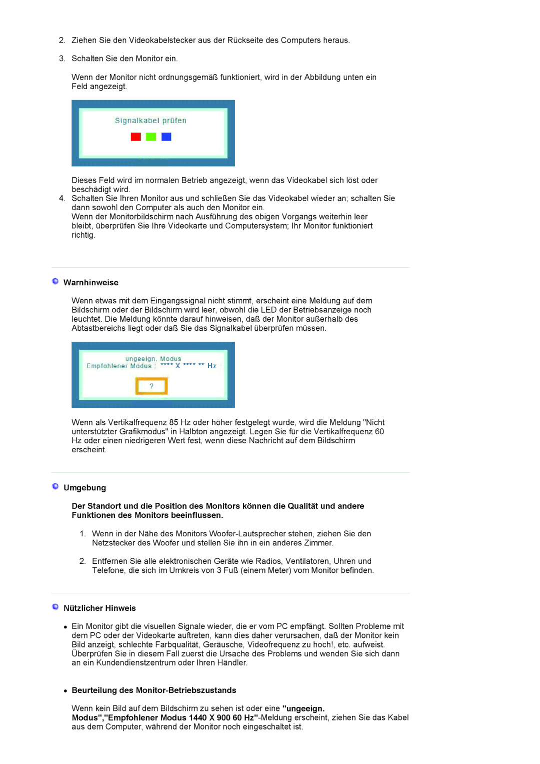 Samsung LS19HANKSHEDC, LS22HANKSUEDC manual Warnhinweise, Nützlicher Hinweis, Beurteilung des Monitor-Betriebszustands 