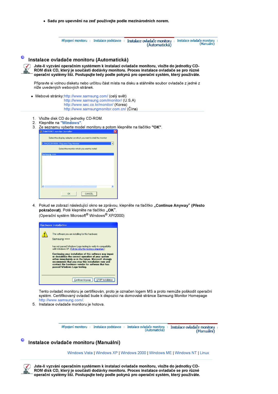 Samsung LS22HANKSUEDC, LS19HANKSHEDC, LS20HANKSHEDC manual Instalace ovladače monitoru Automatická 