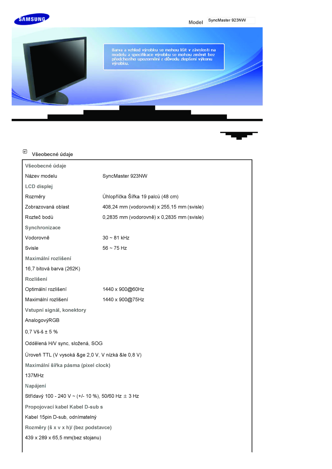 Samsung LS19HANKSHEDC, LS22HANKSUEDC Všeobecné údaje, LCD displej, Synchronizace, Maximální rozlišení, Rozlišení, Napájení 