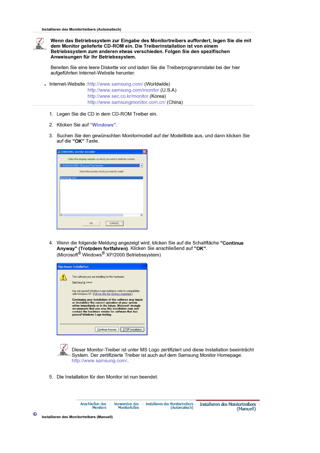 Samsung LS19HANKSM/EDC manual Installieren des Monitortreibers Automatisch 