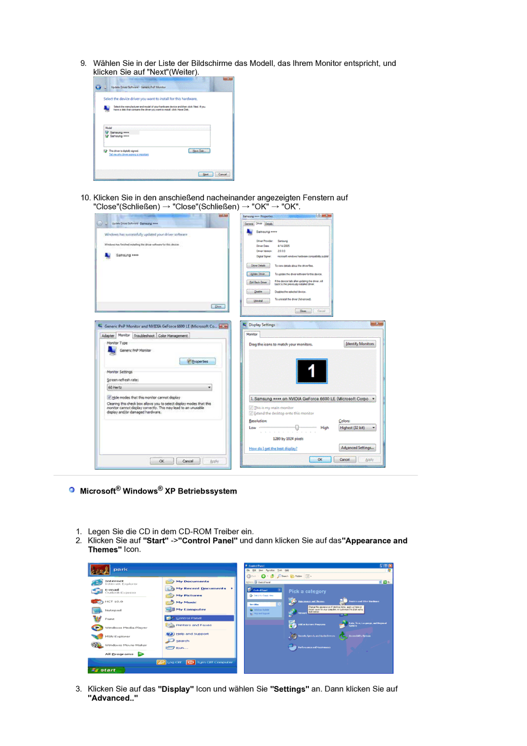 Samsung LS19HANKSM/EDC manual Microsoft Windows XP Betriebssystem, Advanced 