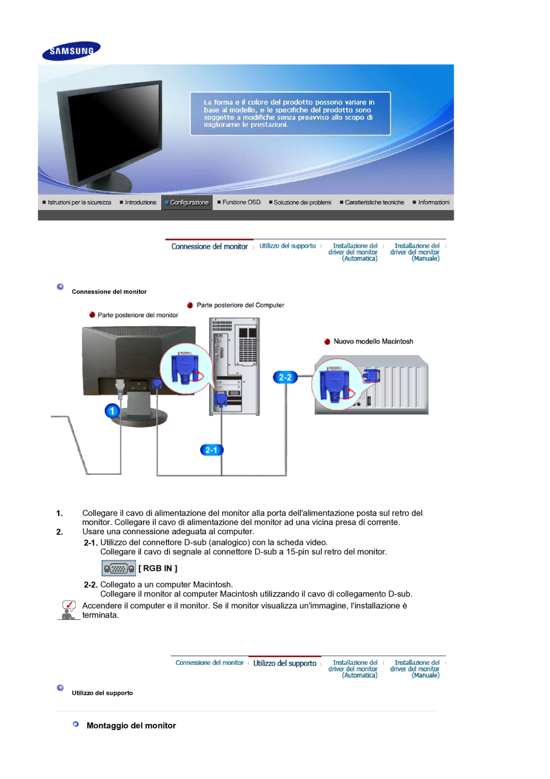 Samsung LS19HANKSM/EDC manual Rgb, Montaggio del monitor 